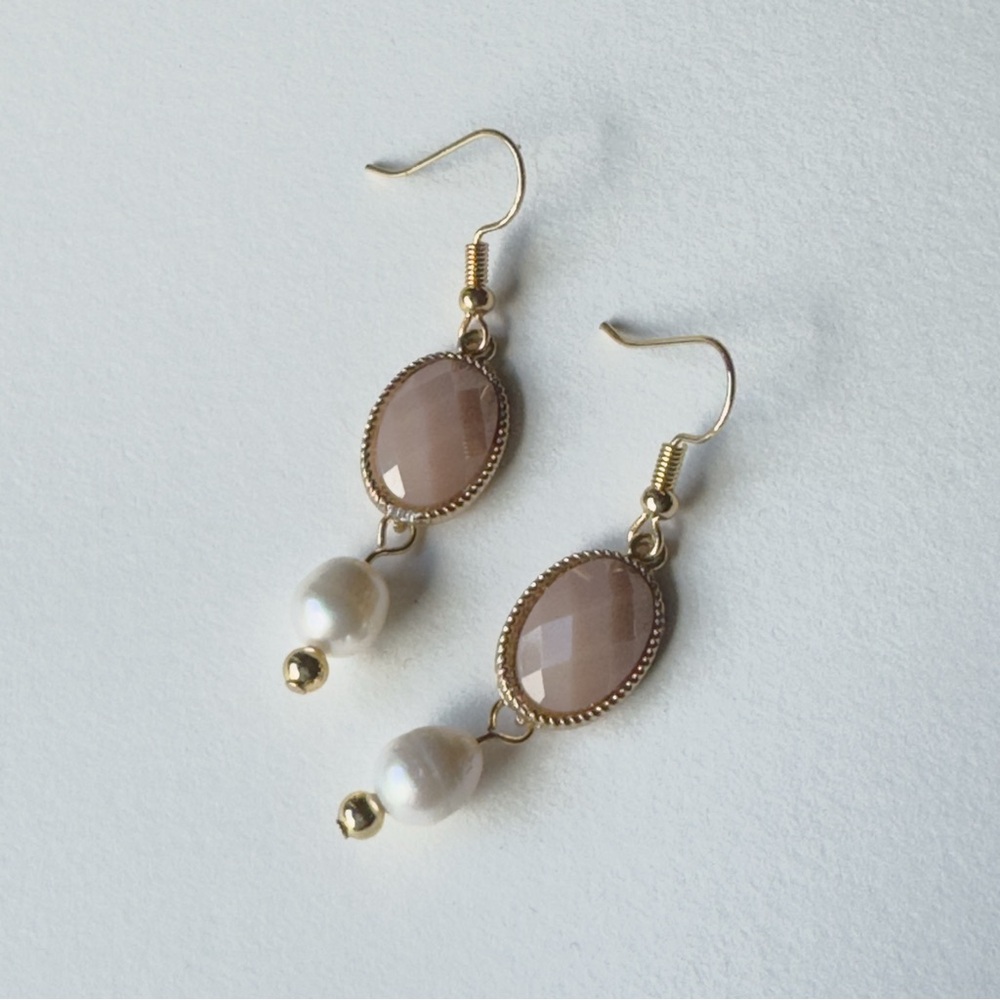 Blush Bead & Pearl Drop Earrings | Upcycled | Gold Stainless Steel Hooks - Picture 5 of 10